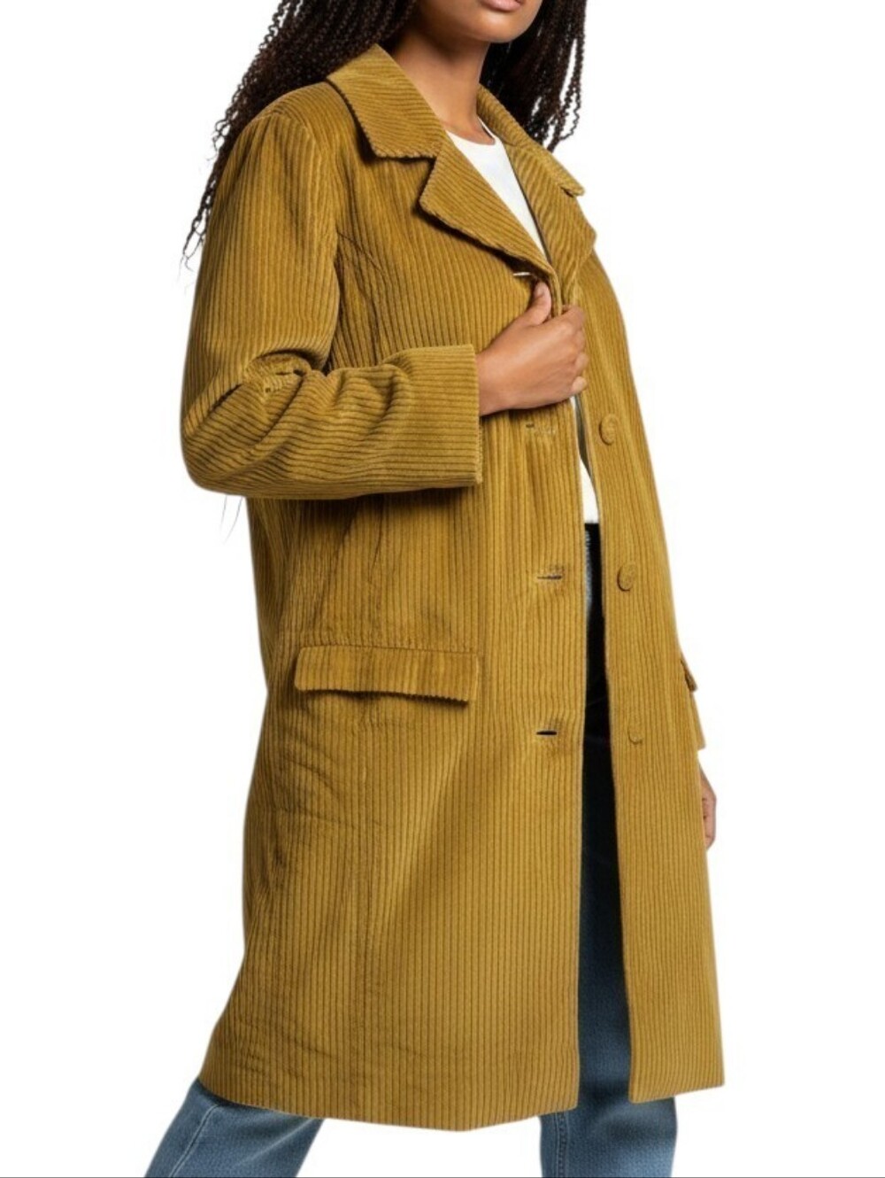 Missoni Corduroy Trench Coat Women Size L Mustard Yellow Flap Pockets Cotton